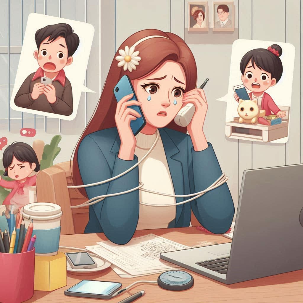 a lady trying hard to work and talk to her parents at the same time on a phone